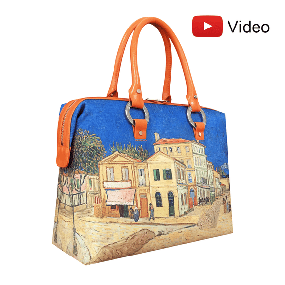 Handbags with theme of Van Gogh paintings, The Yellow House, depicting the building in Aries where Van Gogh had his dream of “Studio of the South”.
