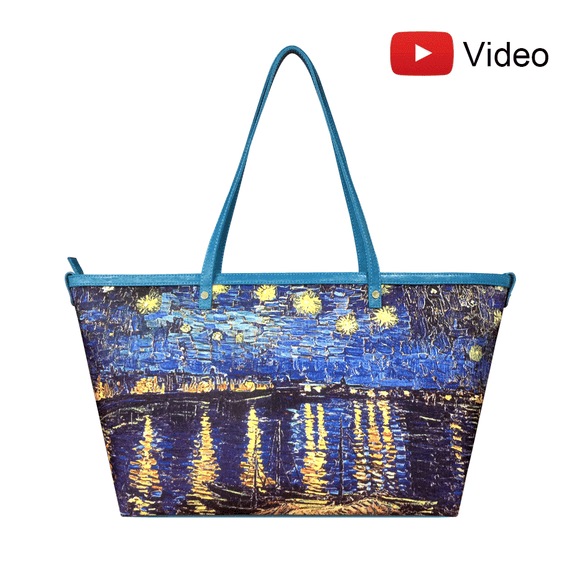 Handbags with theme of Van Gogh paintings, Starry Night Over the Rhône, the view from his rented apartment (the Yellow House).