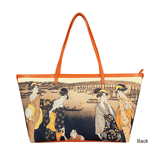 Handbags with theme of 17-19 centuries Japanese art “Ukiyo-e”, “Enjoying the Evening Cool on the Banks of Sumida River” (Japanese: 「大川端の夕涼み」), created by Kitagawa Utamaro (喜多川 歌麿) in 1795-96.