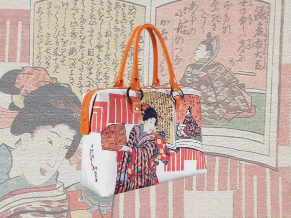 Beauty Representing the Poet Kamakura Udaijin (百人一首 鎌倉右大臣), a Ukiyo-e masterpiece by Utagawa Kunisada (歌川 国貞), showcased in detail on high-end handbag via video.