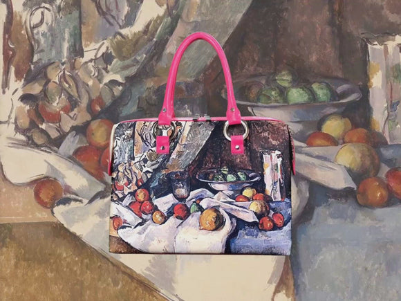 Still Life with Apples, a masterpiece by Paul Cézanne in 1895-98, showcased in detail on high-end handbag via video.