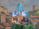 Gardanne, a masterpiece by Paul Cézanne in 1885-86, showcased in detail on high-end ladies handbag via video.