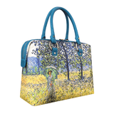Handbags with theme of Monet paintings, Sunlight Effect Under The Poplars, featuring a woman with a parasol in a poplars field.