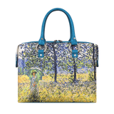 Handbags with theme of Monet paintings, Sunlight Effect Under The Poplars, featuring a woman with a parasol in a poplars field.