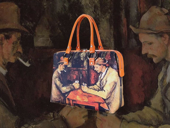 The Card Players, a masterpiece by Paul Cézanne in 1890-95, showcased in detail on high-end ladies handbag via video.