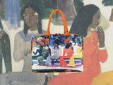 The Market (Ta Matete), a masterpiece by Gauguin in 1892, showcased in detail on high-end ladies handbag via video.