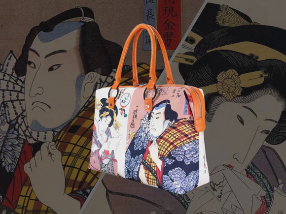 Beauty & Street Knight, Ukiyo-e masterpiece by Kunisada (歌川 国貞) and Kuniyoshi (歌川 國芳), showcased in detail on high-end handbag via video.