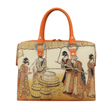 Handbags with theme of 17-19 centuries Japanese art “Ukiyo-e”, “Making Top-quality Sake” (Japanese: 「大極上ふじの白酒」), created by Utagawa Toyokuni I (歌川豊国) in 1795-1801.