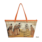 Handbags with theme of 17-19 centuries Japanese art “Ukiyo-e”, “Making Top-quality Sake” (Japanese: 「大極上ふじの白酒」), created by Utagawa Toyokuni I (歌川豊国) in 1795-1801.