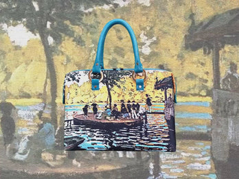 Bain à la Grenouillère, a masterpiece by Claude Monet in 1869, showcased in detail on high-end handbag via video.