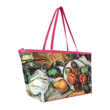 Handbags with theme of Cézanne paintings, “Table, Napkin and Fruit”; Cézanne formulated his own semi-sculptural approach to still life.