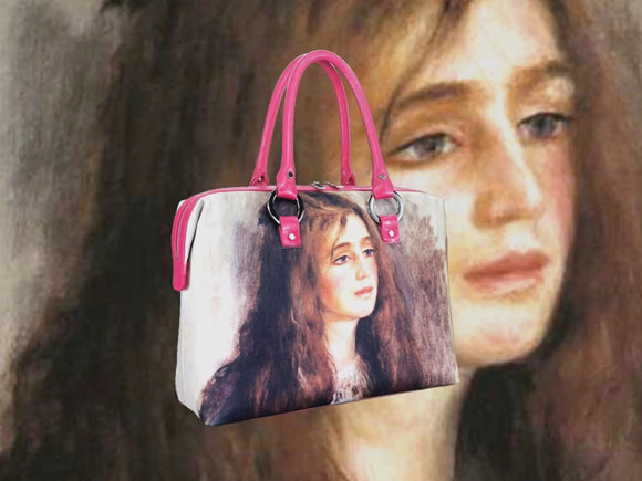 Portrait of Julie Manet, a masterpiece by Renoir in 1894, showcased in detail on high-end ladies handbag via video.