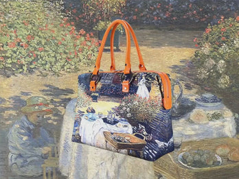 The Luncheon, a masterpiece by Claude Monet in 1873, showcased in detail on high-end ladies handbag via video.