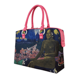 Handbags with theme of Gauguin paintings, The Seed of the Areoi (Te aa no areois); depicting the Polynesian goddess sits on a blue-and-white cloth.