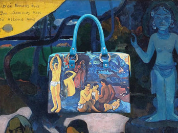 “Where Do We Come From?”, a masterpiece by Gauguin in 1897, showcased in detail on high-end ladies handbag via video.