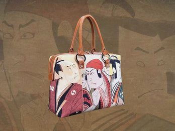 Three Kabuki Actors, portraits of Kabuki Actors created by Utagawa Toyokuni I (歌川豊国), showcased in detail on high-end handbag via video.
