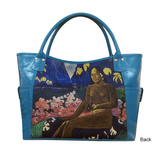 Handbags with theme of Gauguin paintings, The Seed of the Areoi (Te aa no areois); depicting the Polynesian goddess sits on a blue-and-white cloth.