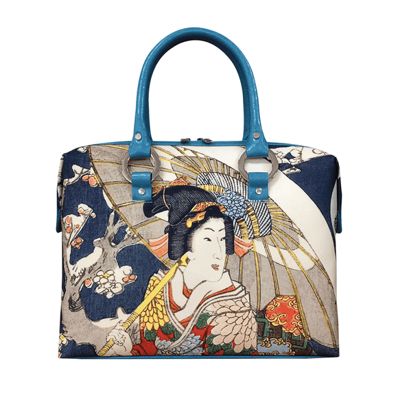 Handbags with theme of 17-19 centuries Japanese art “Ukiyo-e”, “Plum Blossoms in Cold” (Japanese: 「今様源氏花揃 寒梅」), created by Utagawa Kunisada II (歌川 国定,二代) in 1861.