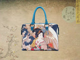 Plum Blossoms in Cold (今様源氏花揃 寒梅), a Ukiyo-e masterpiece by Utagawa Kunisada II (歌川 国定,二代), showcased in detail on high-end handbag via video.
