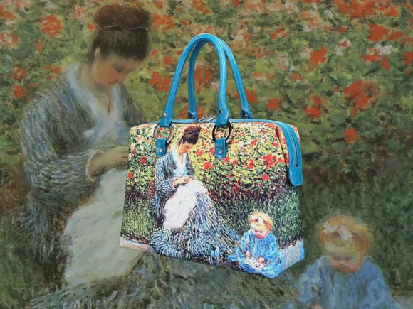 Camille Monet and a Child in the Artist's Garden in Argenteuil, a masterpiece by Claude Monet in 1875, shown in detail on handbag via video.