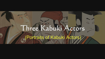Three Kabuki Actors, Ukiyo-e, portraits of Kabuki Actors, by Utagawa Toyokuni I (歌川豊国), background and story of the painting, high-end Japanese Ukiyo-e handbag.