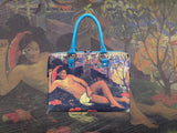The King's Wife, a masterpiece by Gauguin in 1896, showcased in detail on high-end ladies handbag via video.