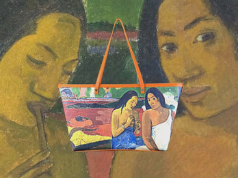 Joyfulness (Arearea), a masterpiece by Gauguin in 1892, showcased in detail on high-end ladies handbag via video.