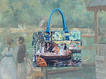 La Grenouillère, a masterpiece by Auguste Renoir in 1869, showcased in detail on high-end ladies handbag via video.