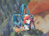 Marie-Thérèse Durand-Ruel Sewing, a masterpiece by Renoir in 1882, showcased in detail on high-end handbag via video.