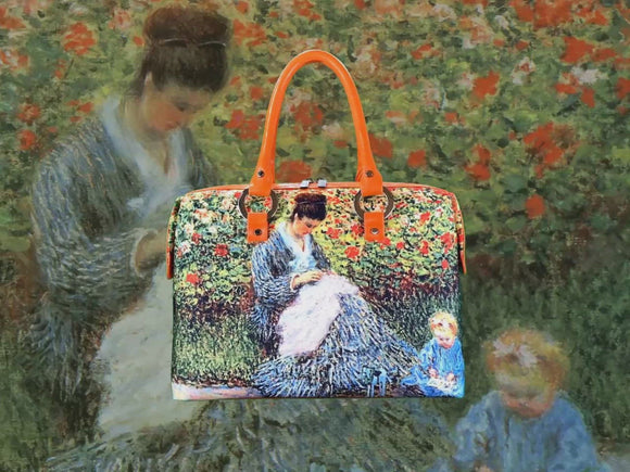 Camille Monet and a Child in the Artist's Garden in Argenteuil, a masterpiece by Claude Monet in 1875, shown in detail on handbag via video.