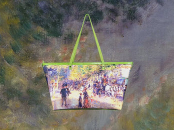 The Grands Boulevards, a masterpiece by Renoir in 1875, showcased in detail on high-end ladies handbag via video.
