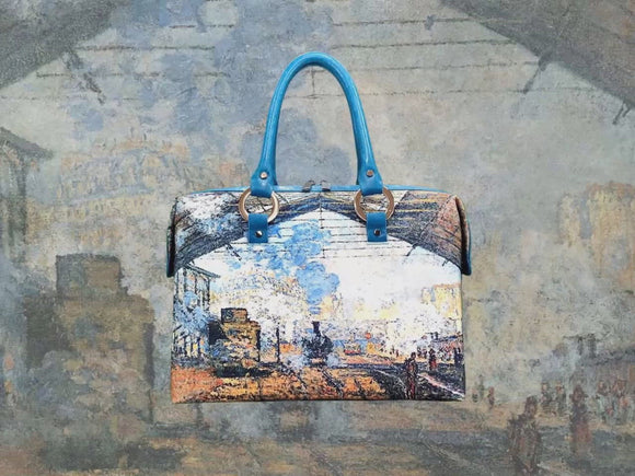 La Gare Saint-Lazare, a masterpiece by Claude Monet in 1877, showcased in detail on high-end handbag via video.