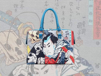Portrait of Nozarashi Gosuke (正札附現金男 野晒悟助), a Ukiyo-e masterpiece by Utagawa Kuniyoshi (歌川 國芳), showcased in detail on high-end handbag via video.