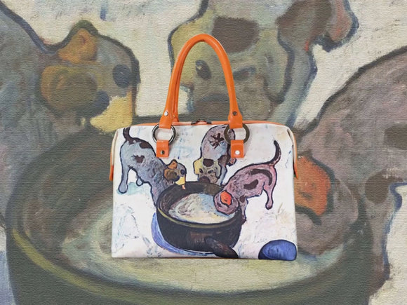 Still Life with Three Puppies, a masterpiece by Gauguin in 1888, showcased in detail on high-end handbag via video.