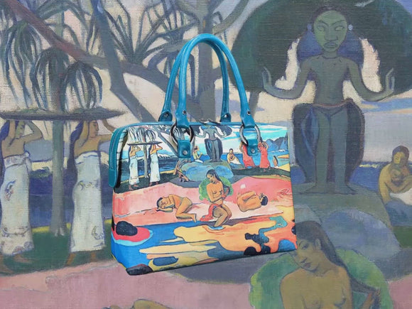 Day of the God, a masterpiece by Gauguin in 1894, showcased in detail on high-end ladies handbag via video.