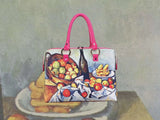 The Basket of Apples, a masterpiece by Paul Cézanne in 1895, showcased in detail on high-end ladies handbag via video.