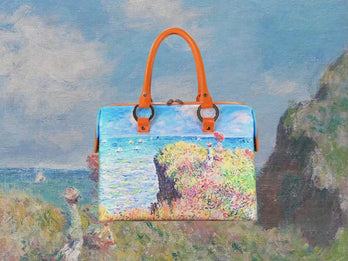 The Cliff Walk at Pourville, a masterpiece by Claude Monet in 1882, showcased in detail on high-end handbag via video.