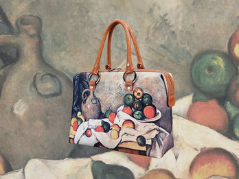 “Curtain, Jug and Fruit”, a masterpiece by Paul Cézanne in 1893-94, showcased in detail on high-end handbag via video.