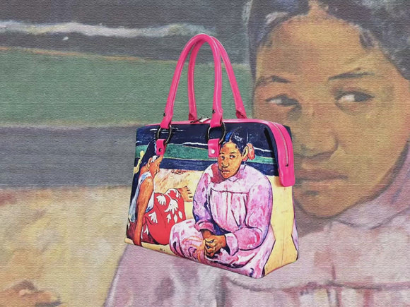 Tahitian Women on the Beach, a masterpiece by Gauguin in 1891, showcased in detail on high-end handbag via video.