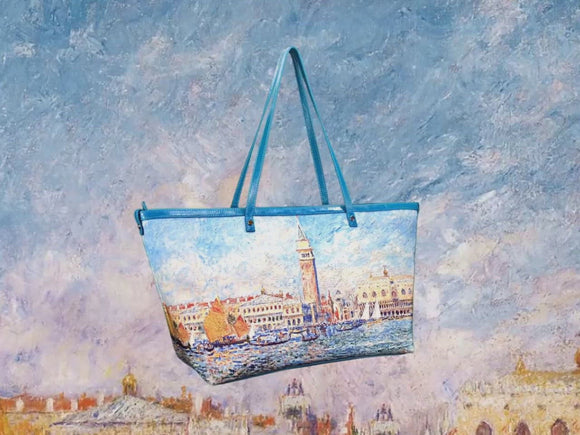 “Venice, the Doge's Palace”, a masterpiece by Renoir in 1881, showcased in detail on high-end handbag via video.