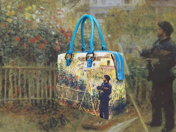 Monet Painting in His Garden at Argenteuil, a masterpiece by Renoir in 1873, showcased in detail on high-end handbag via video.