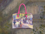 The Grands Boulevards, a masterpiece by Renoir in 1875, showcased in detail on high-end ladies handbag via video.