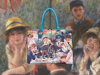 Luncheon of the Boating Party, a masterpiece by Renoir in 1880-81, showcased in detail on high-end handbag via video.