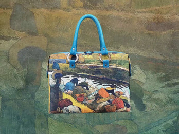 Washerwomen, a masterpiece by Gauguin in 1888, showcased in detail on high-end ladies handbag via video.