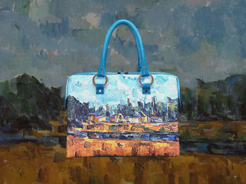 Riverbanks, a masterpiece by Paul Cézanne in 1904-05, showcased in detail on high-end ladies handbag via video.