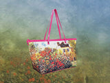 The Artist's Garden in Argenteuil, a masterpiece by Claude Monet in 1873, showcased in detail on high-end handbag via video.