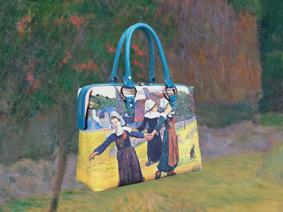 “Breton Girls Dancing, Pont-Aven”, a masterpiece by Gauguin in 1888, showcased in detail on high-end handbag via video.