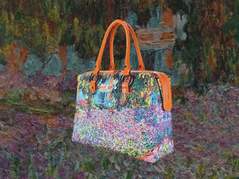 The Artist's Garden at Giverny, a masterpiece by Claude Monet in 1900, showcased in detail on high-end handbag via video.