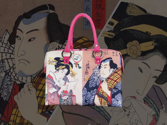 Beauty & Street Knight, Ukiyo-e masterpiece by Kunisada (歌川 国貞) and Kuniyoshi (歌川 國芳), showcased in detail on high-end handbag via video.