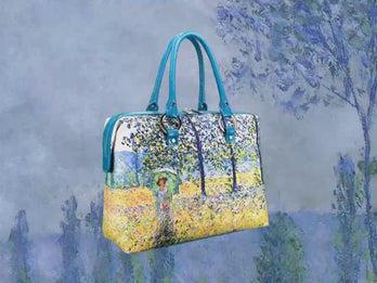 Sunlight Effect Under The Poplars, a masterpiece by Claude Monet in 1887, showcased in detail on high-end handbag via video.